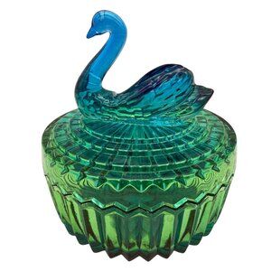 Vintage Jeannette Glass Swan Covered Dish Iridescent Blue Green Powder Jar